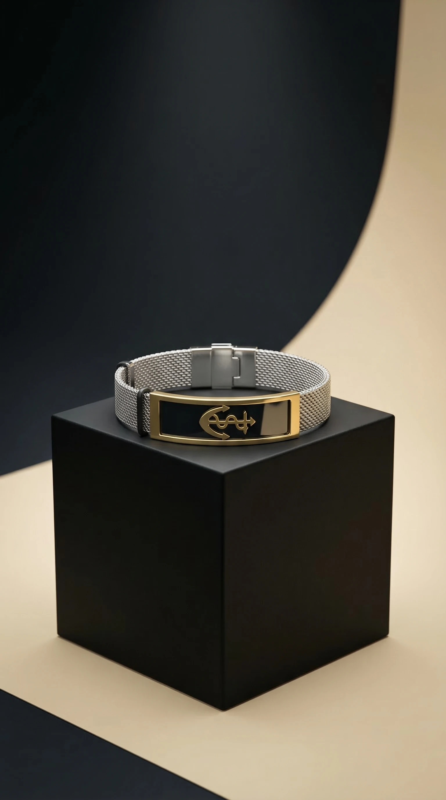 Gold & Black Mesh Bracelet with Nautical Anchor Accent