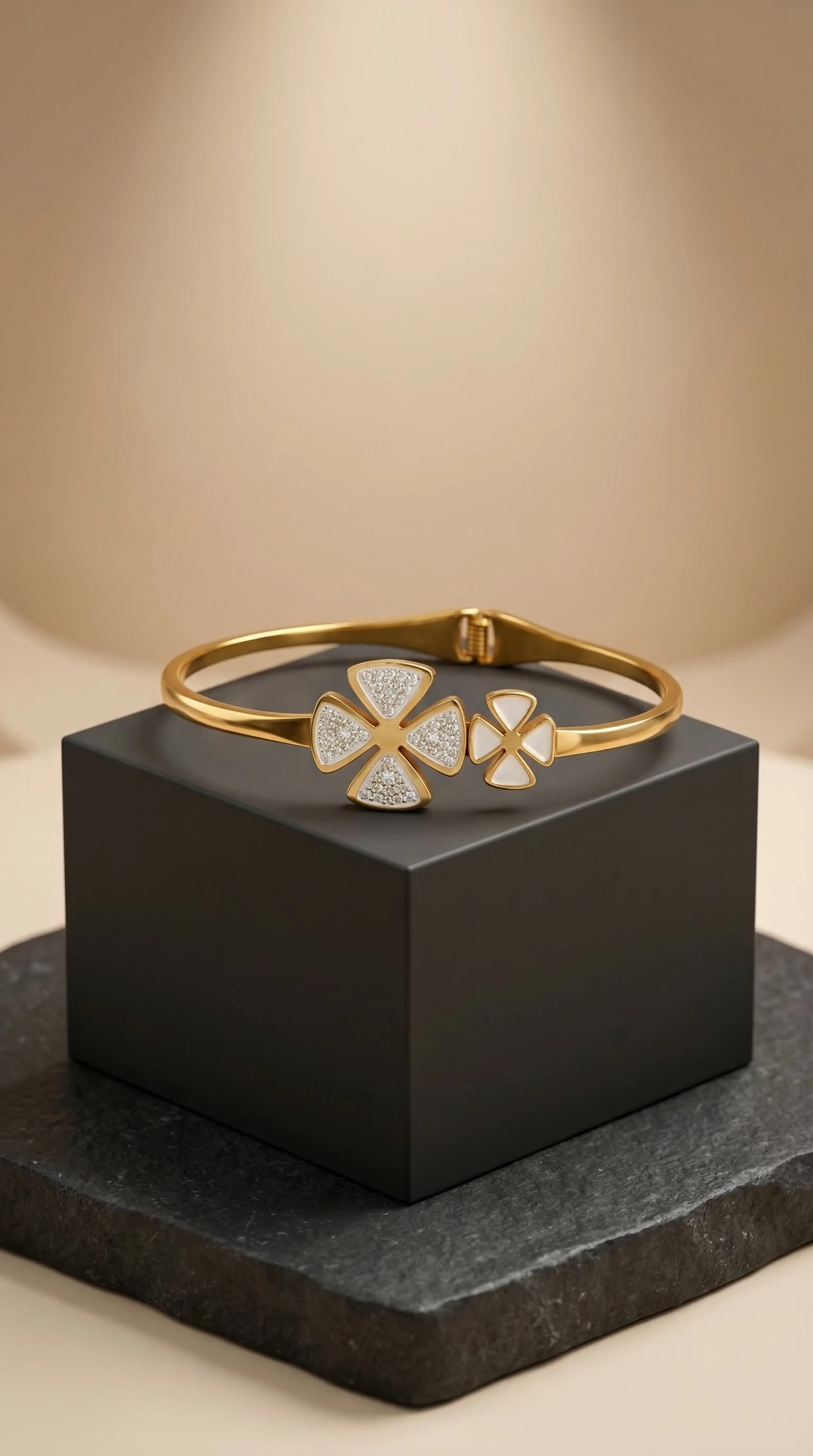 Gold Clover Bangle Bracelet with Crystal Petals
