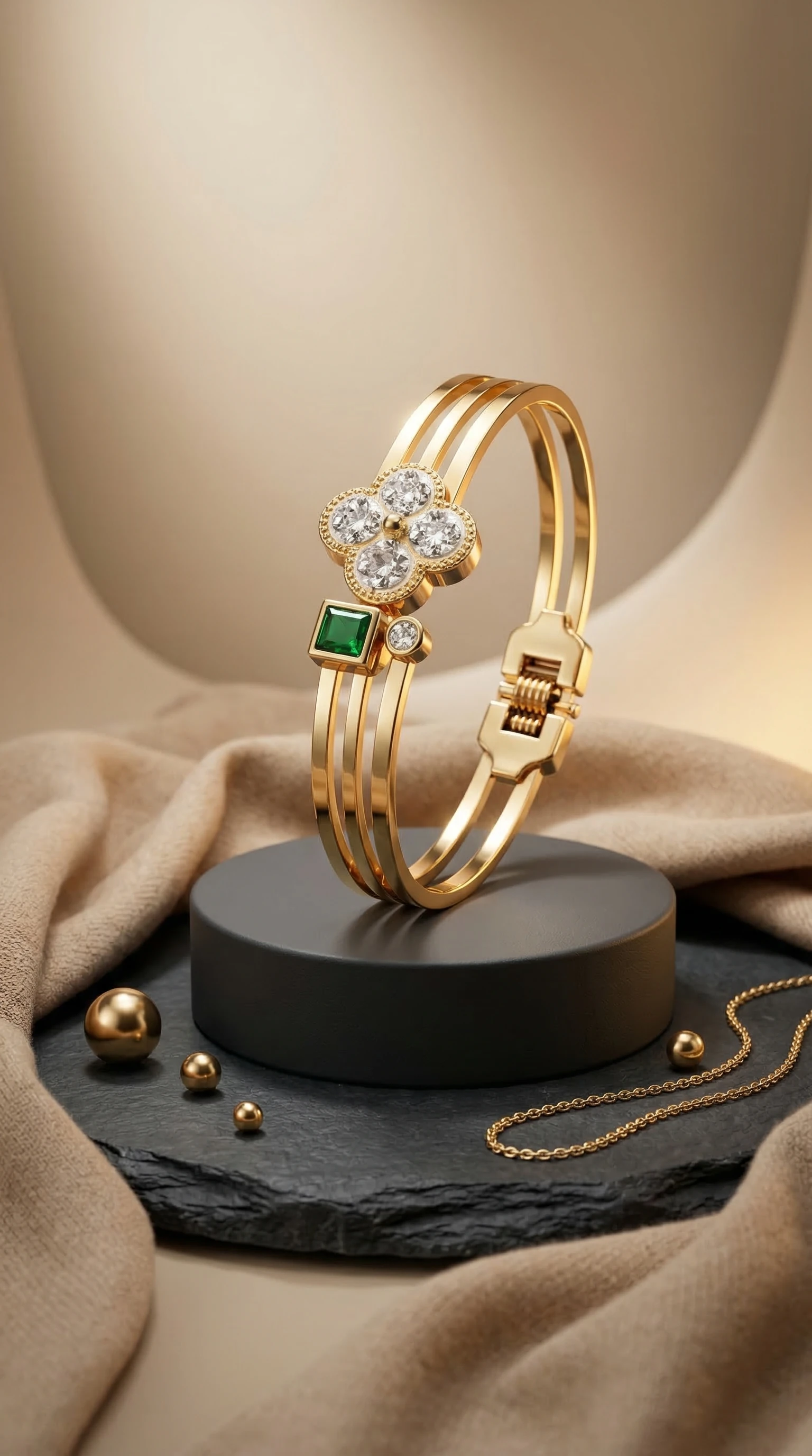 Gold Gemstone Floral Cuff Bracelet