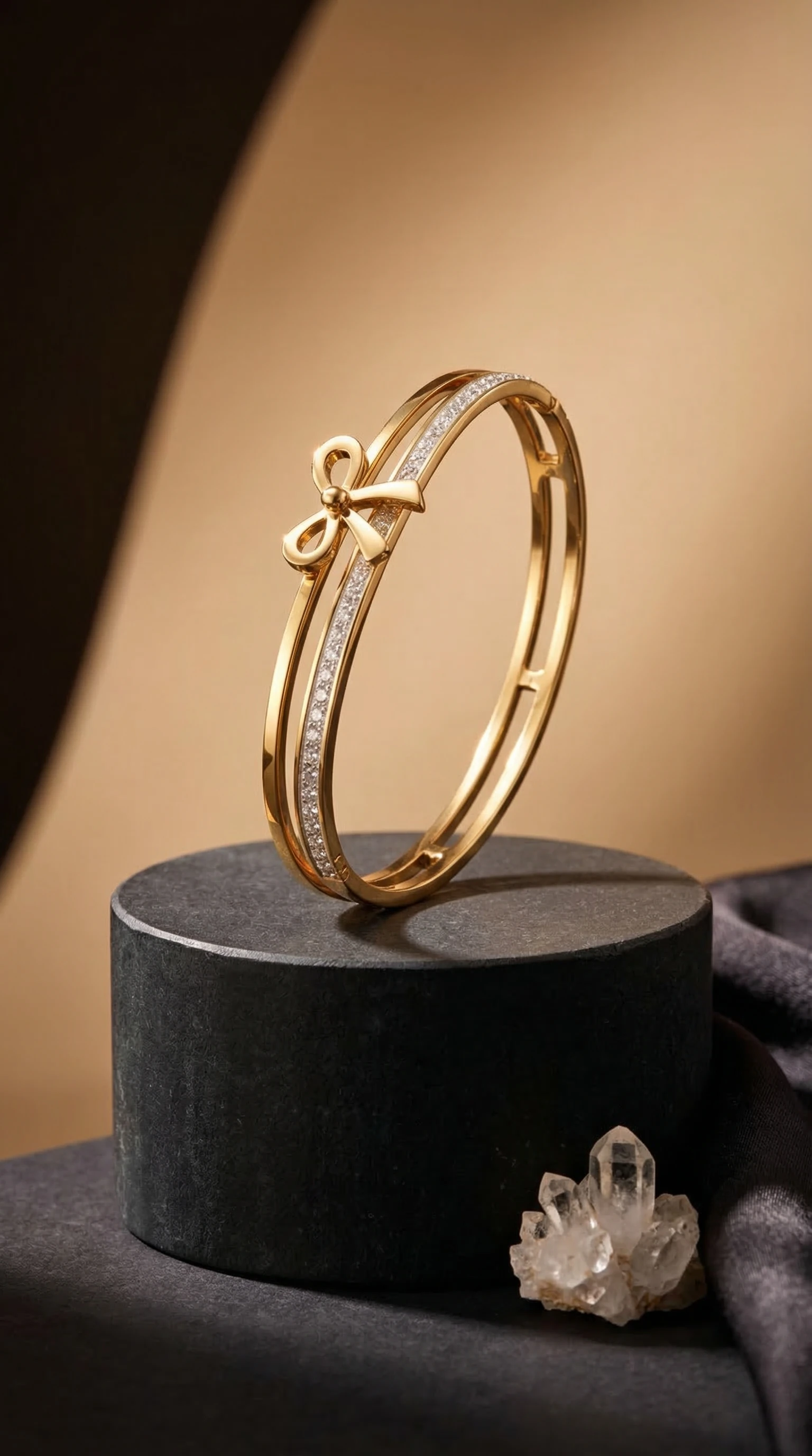 Gold Bow Accent Crystal Bangle Bracelet