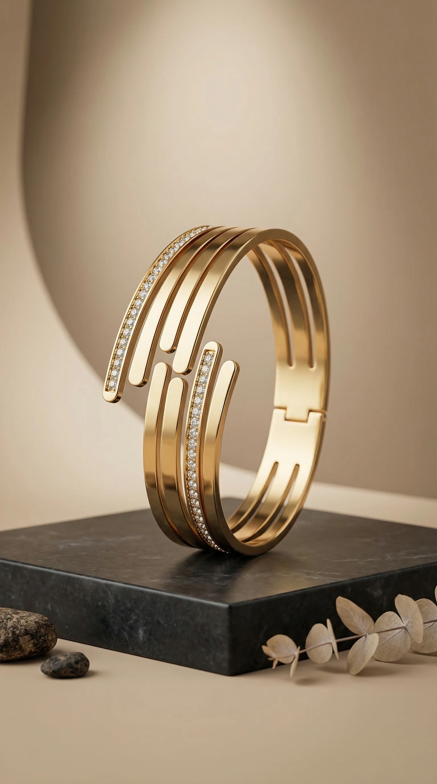 Gold Triple-Band Cuff Bracelet with Crystal Accents