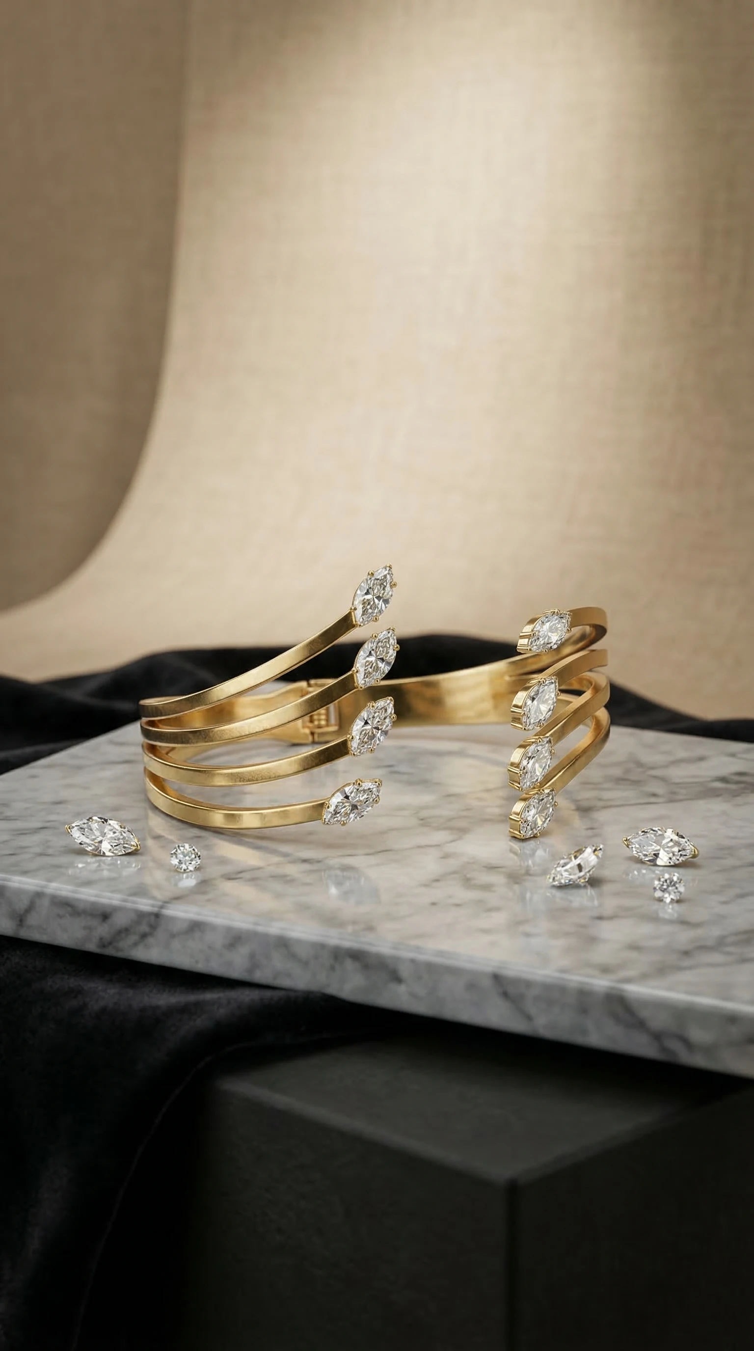Gold Double-Band Cuff Bracelet with Crystal Bar