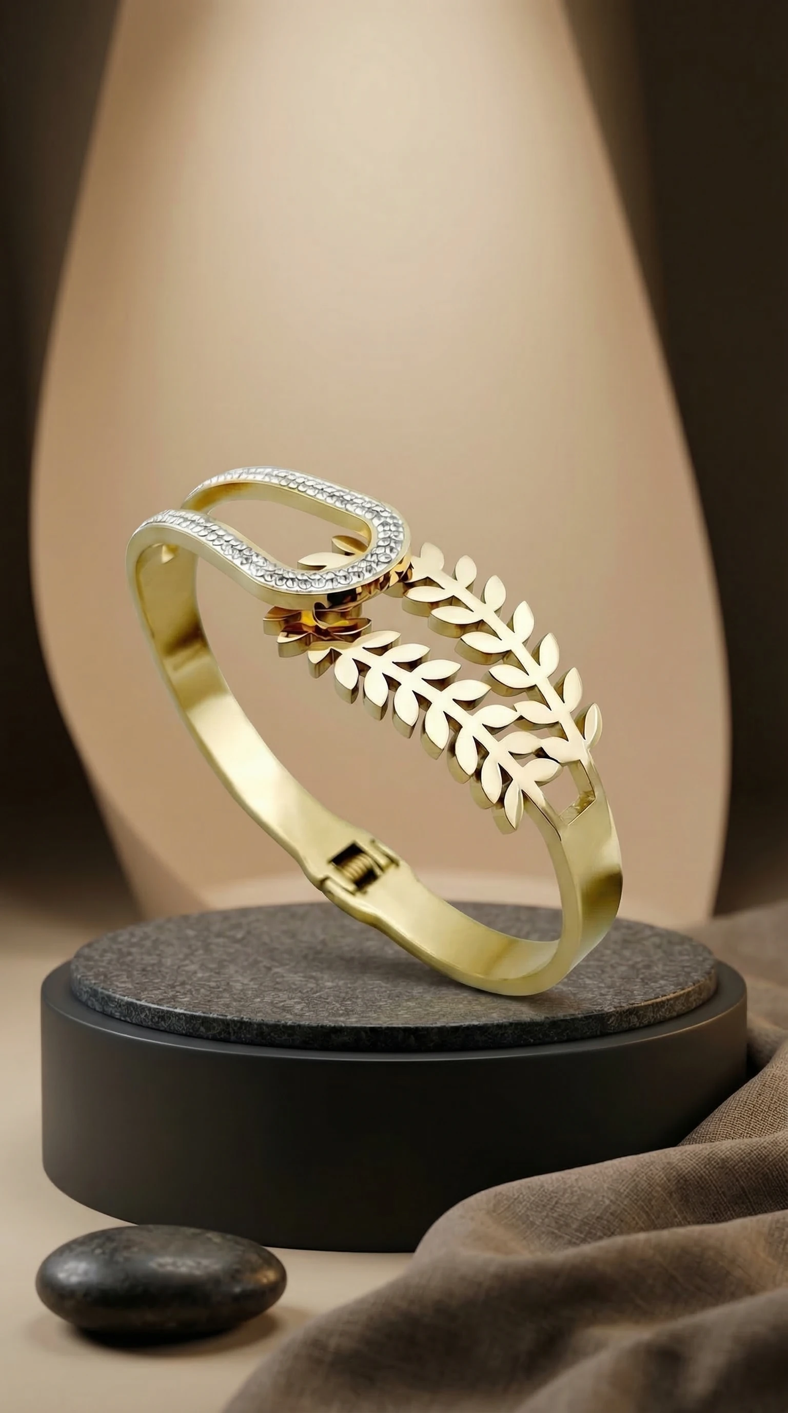 Gold Leaf Motif Cuff Bracelet with Crystal-Accented Loop