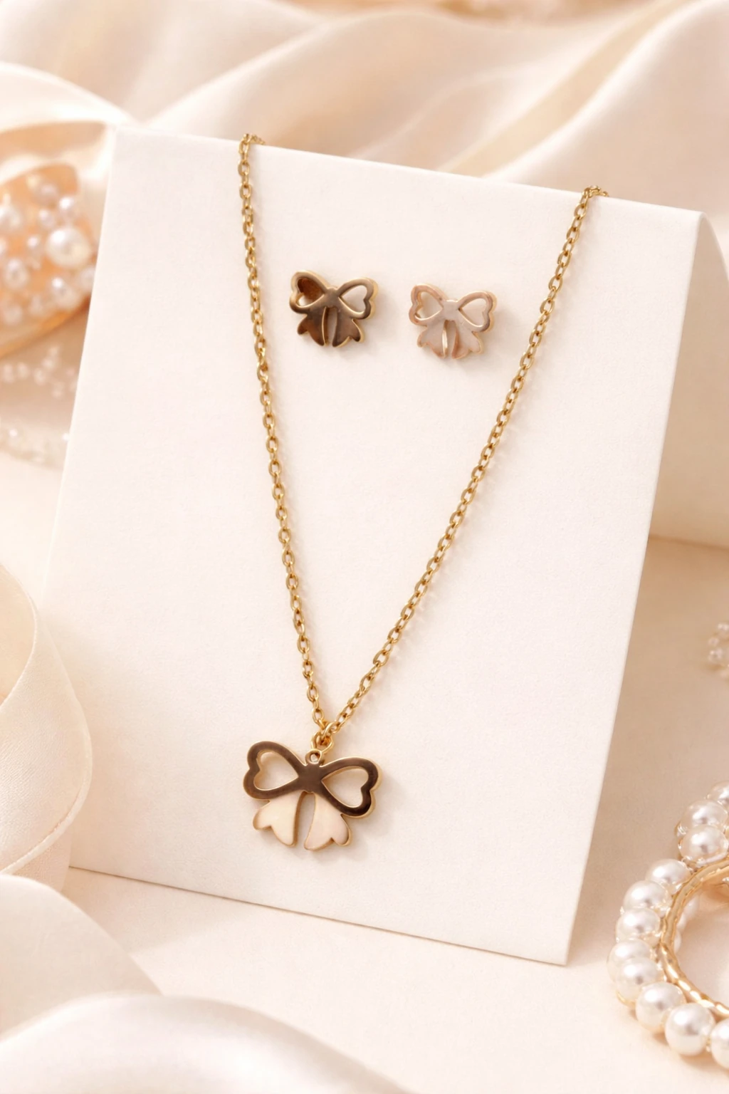Elegant Bow Design Gold Plated Necklace Stud Earrings Set