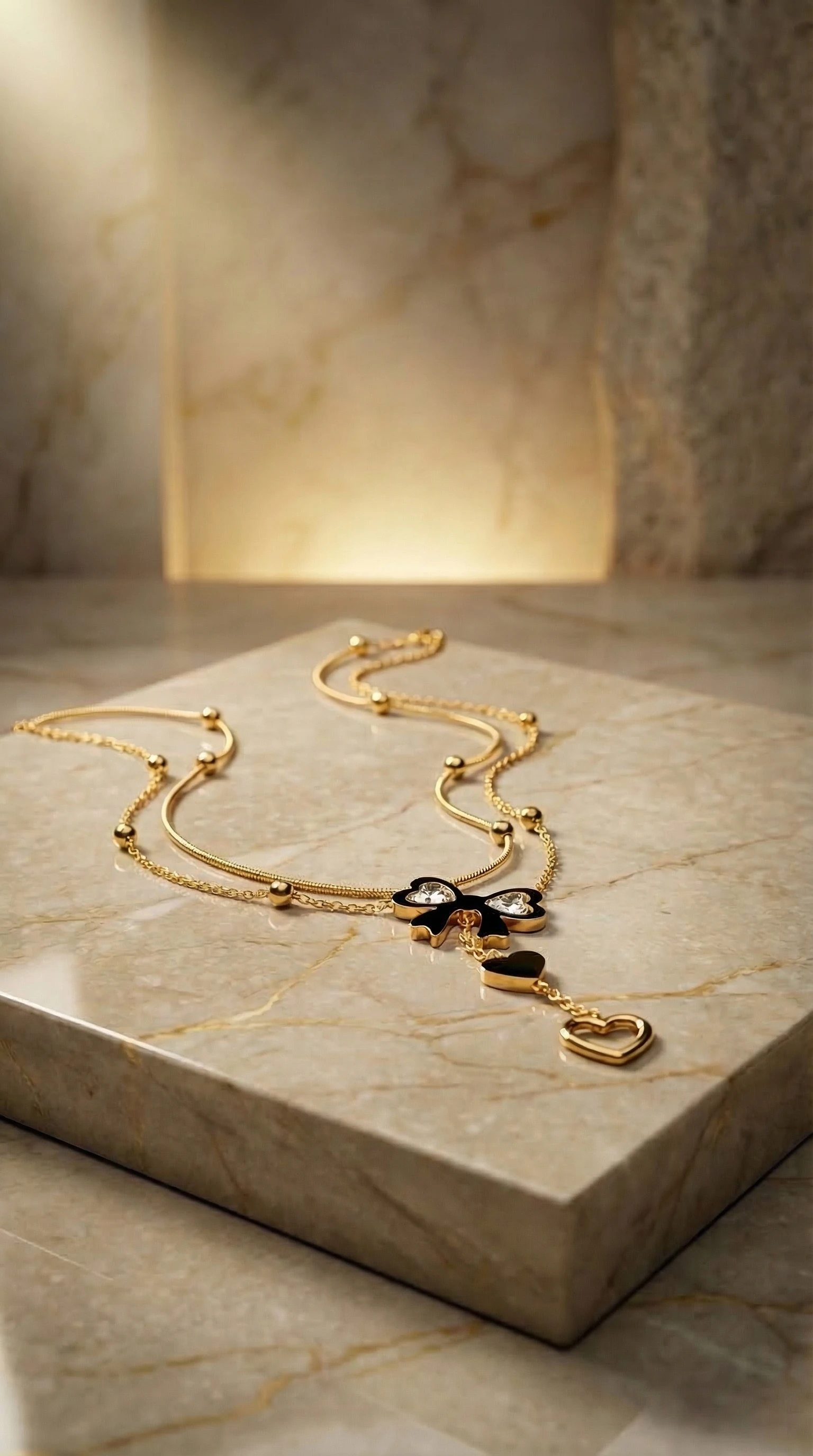 Golden Bow Heart Layered Necklace