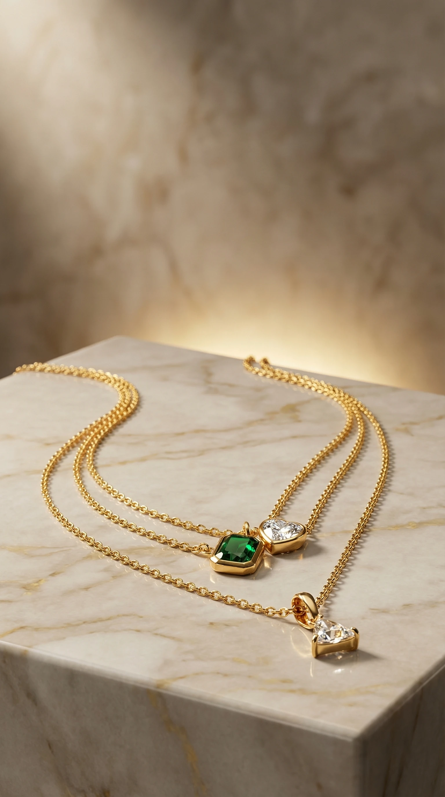 Emerald Charm Triple-Layer Necklace