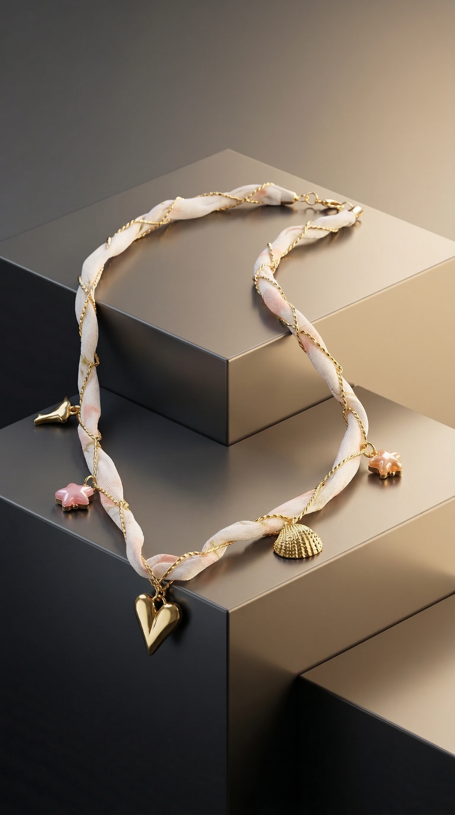 Silk Scarf & Golden Heart Layered Choker