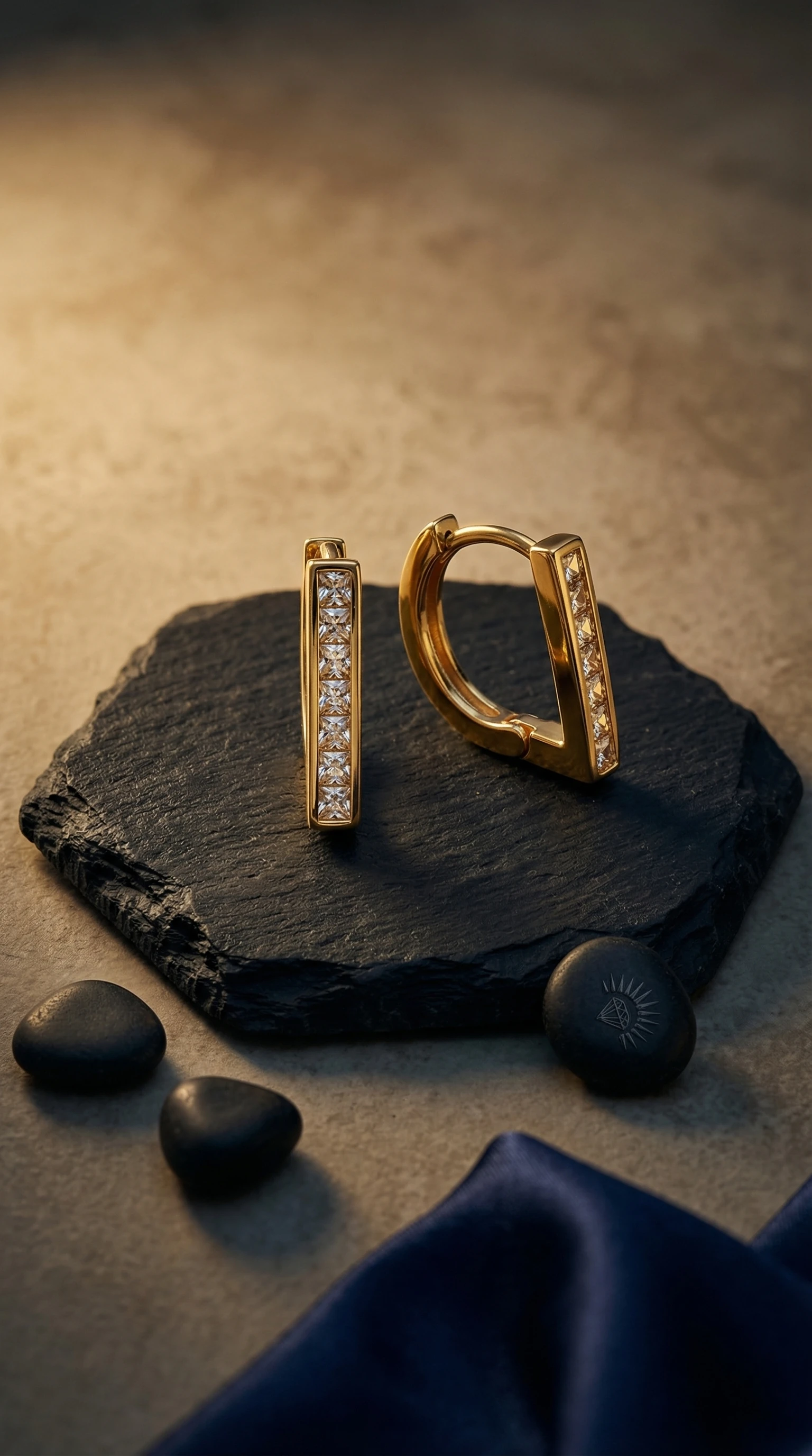 Gold Bar Huggie Earrings with Pavé Stones