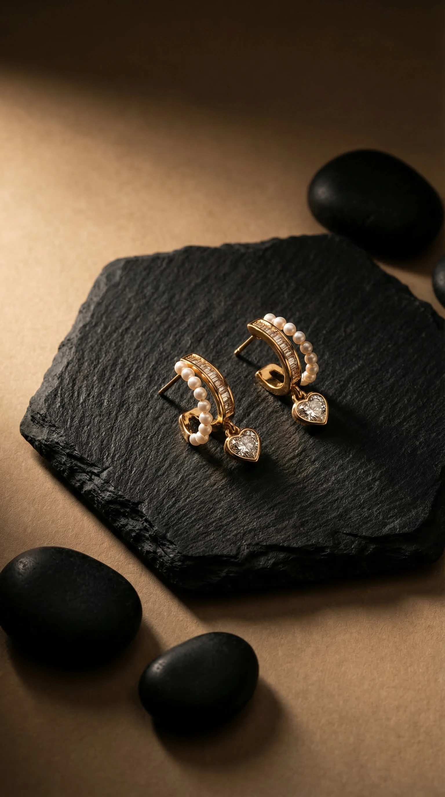 Gold Heart Drop Hoop Earrings